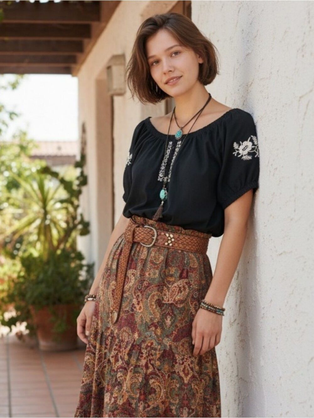 Gloria Vanderbilt Peasant Boho Puff Sleeve Blouse Black White Embroidery M
